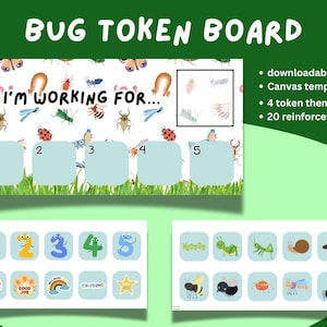 Könnte beinhalten: Ein farbenfrohes "Bug Token Board" mit dem Text "I'm working for..." und nummerierten Kästchen. Das Board zeigt verschiedene Insektenillustrationen und enthält einen Download-Link, eine Canvas-Vorlage, 4 Token-Sets und 20 Verstärker-Optionen.