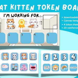 Puede incluir: Un tablero de fichas de gatitos azul y blanco con el texto "CAT KITTEN TOKEN BOARD" y "I'M WORKING FOR...". El tablero incluye ilustraciones de gatos, números y fichas de recompensa. Está diseñado como una plantilla descargable.