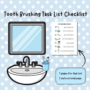 Könnte beinhalten: Cartoon-Illustration einer Badezimmerszene mit Waschbecken, Spiegel und einer Checkliste zum Zähneputzen. Die Checkliste umfasst Schritte wie das Holen einer Zahnbürste und das Zähneputzen. Der Text lautet "Tooth Brushing Task List Checklist."