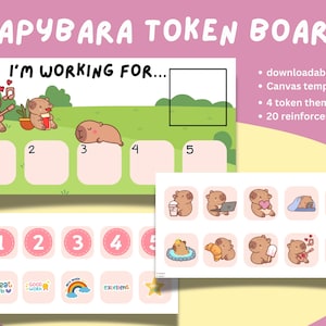 Puede incluir: Un tablero de fichas de carpincho rosa y verde con el texto "CAPYBARA TOKEN BOARD" y "I'M WORKING FOR...". Incluye ilustraciones de carpinchos y fichas de recompensa. Con un enlace descargable, plantilla de lienzo, 4 conjuntos de fichas y 20 opciones de refuerzo.