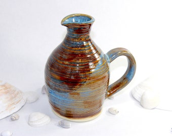 Small Handmade Ceramic Pitcher with Brown and Blue