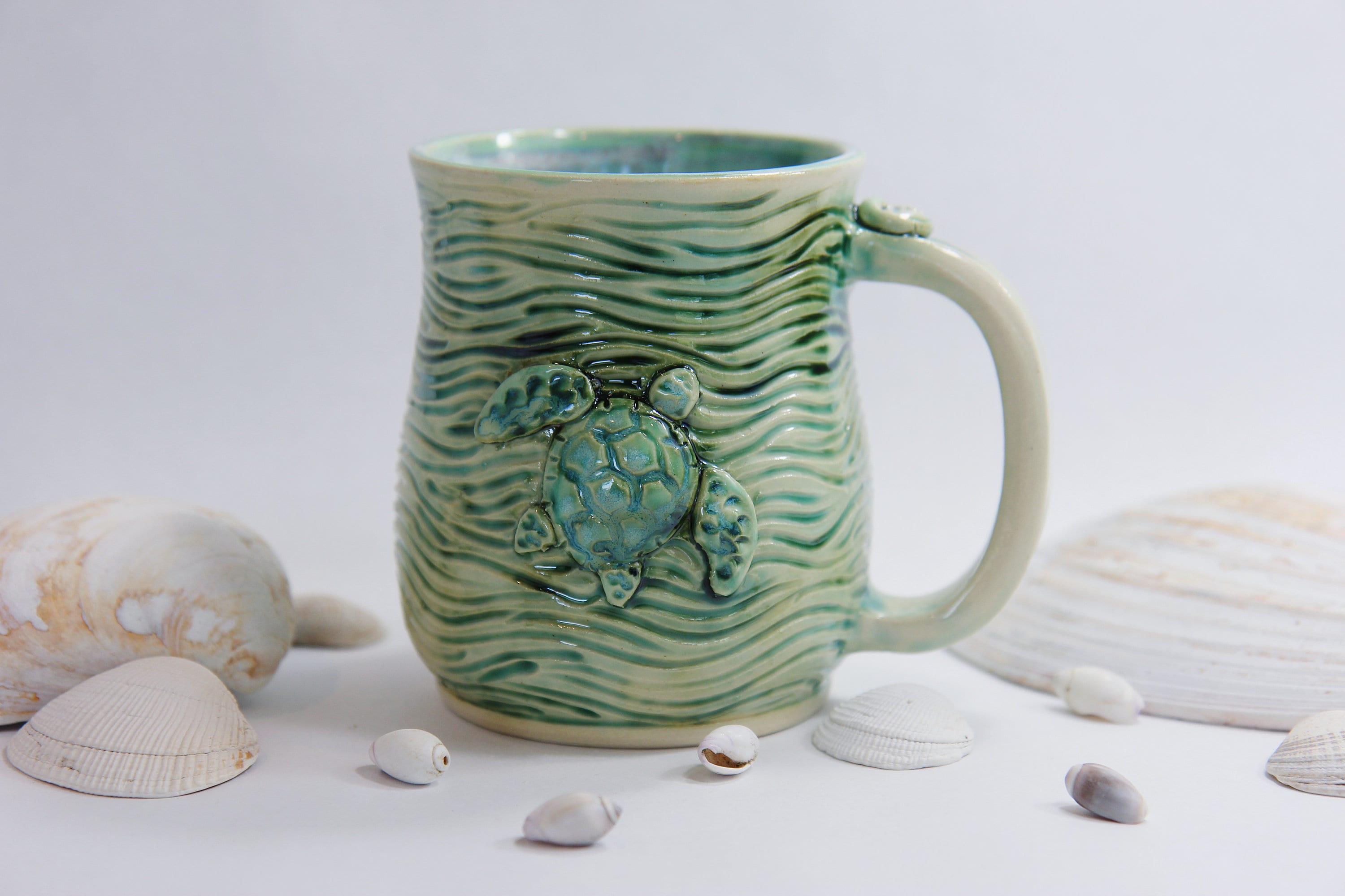 Turtle Shell Cups Handcrafted Green Sea Turtle Mug - Ocean Inspired Stoneware Coffee Cup ...
