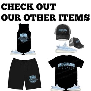 May include: A black tank top, t-shirt, and shorts with the text "Rare Uncommon Different" in light blue. A pair of light blue sneakers, a black and gray trucker hat with the text "Uncommon Different" in light blue, and a black and gray trucker hat with the text "Uncommon" in light blue.