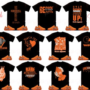 Pode incluir: Um conjunto de 10 t-shirts pretas com designs gr&aacute;ficos laranja. Os designs incluem uma cruz, um cora&ccedil;&atilde;o, um esqueleto, um comando de jogo, uma coroa e uma m&atilde;o a rezar. O texto nas t-shirts inclui "R.U.D. Apparel", "Heartless", "Heart 4 Sale", "Chase the Bag", "Rare Uncommon Different" e "Uncommon Rare Different".