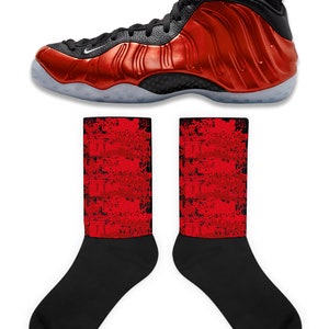 Scramble Socks to Match Foamposite Metalic Red, Foamposite Metalic Red Socks, Foamposite Metalic Red Sneaker Socks