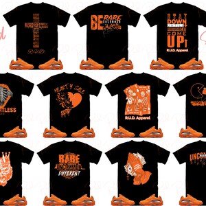 Puede incluir: Un conjunto de 10 camisetas negras con dise&ntilde;os gr&aacute;ficos naranjas. Los dise&ntilde;os incluyen una cruz, un coraz&oacute;n, una calavera, un personaje de juego, una corona y una mano con dinero. El texto en las camisetas incluye "R.U.D. Apparel", "Heartless", "Heart 4 Sale", "Chase the Bag", "Rare Uncommon Different" y "Uncommon Rare Different".
