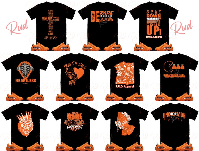 Puede incluir: Un conjunto de 10 camisetas negras con dise&ntilde;os gr&aacute;ficos naranjas. Los dise&ntilde;os incluyen una cruz, un coraz&oacute;n, una calavera, un personaje de juego, una corona y una mano con dinero. El texto en las camisetas incluye "R.U.D. Apparel", "Heartless", "Heart 4 Sale", "Chase the Bag", "Rare Uncommon Different" y "Uncommon Rare Different".