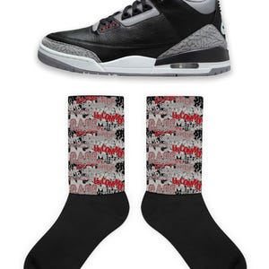 Scramble Socks to Match Jordan 3 Black Cement, Retro 3 Black Cement Socks, Black Cement Sneaker Socks