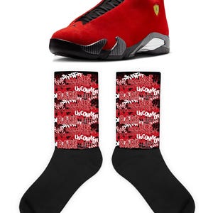 Scramble Socks to Match Jordan 14 Challenge Red, Retro 14 Challenge Red Socks, Challenge Red 14s Sneaker Socks
