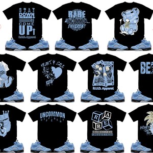 May include: Twelve different designs of black t-shirts with various blue graphic prints. Each t-shirt is paired with a pair of light blue and black Air Jordan 5 sneakers.