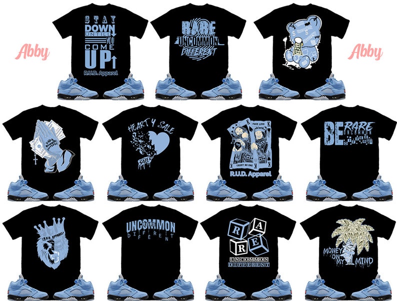 May include: Twelve different designs of black t-shirts with various blue graphic prints. Each t-shirt is paired with a pair of light blue and black Air Jordan 5 sneakers.