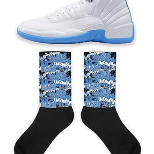 Scramble Socks to Match Jordan 12 White and University Blue Melo, Retro 12 White and University Blue, University Melo 12s Sneaker Socks