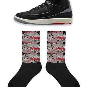 Scramble Socks to Match Retro 2 Black Cement, Retro 2 Black Cement Socks, 2 Black Cement Sneaker Socks