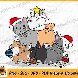 Christmas tree cute cat kawaii clipart, digital clip art, Funny cats Christmas printables Vector graphics Holiday png, svg, pdf, jpg