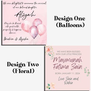 Faire-part de naissance islamique carré pour baby shower de bébé fille carré floral aquarelle ballon rose merci Aqiqah methai bonbons faveurs autocollants