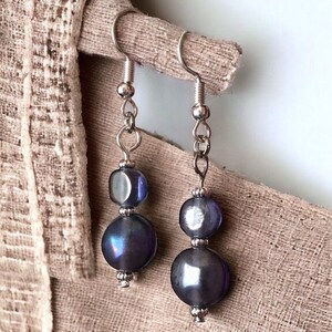 Purple Glass Beads with Aurora Borealis Coating Dangle Earrings, Silvertone #1043