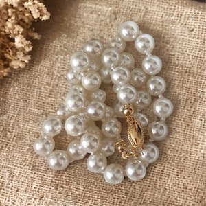 Shell Pearl Necklace, Lily White, Hand-knotted on Matching Silk Cord, Gold Locking Clasp, 17”, #1455