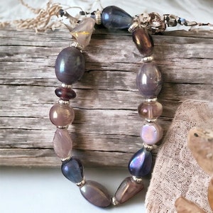 Shades of Purple Beaded Bracelet, Aurora Borealis Coating, Silvertone, Stretch Bracelet, 6.5” #1046