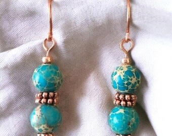 Blue Imperial Jasper Dangle Earrings, Coppertone #1095