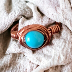 Turquoise Blue Magnesite Ring in Copper Wrapping, Size 4 #1250