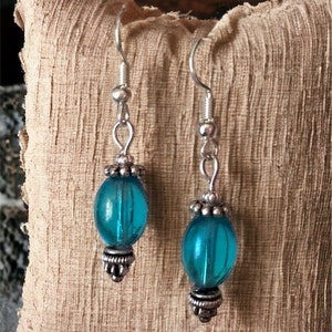Blue Glass Drop Earrings with Ornate Silver tone Details, French Hooks #1088