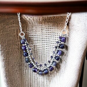 Genuine Amethyst Nugget and Silver Beaded Multi-strand Statement Necklace. Silver Tone. Lobster clasp. 22” #1290