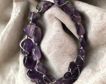 Natural Amethyst Nuggets Silver Wire Wrapped on Memory Wire. 7”-9”+ February's Birthstone, The Stone of Peace, Wrap Around #1309