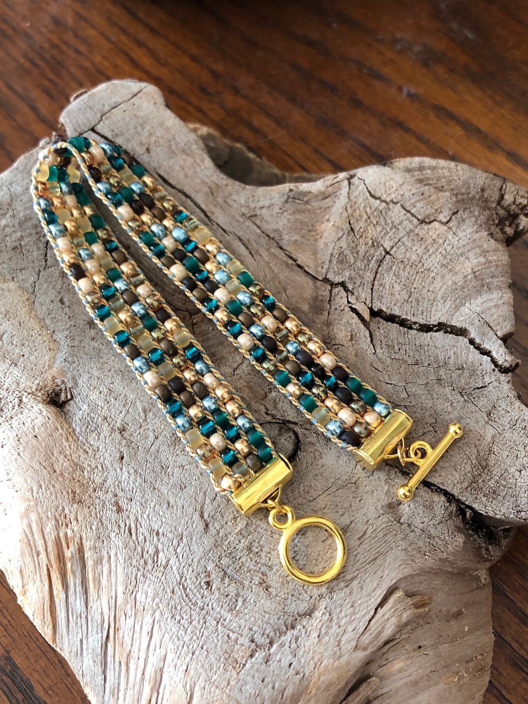 Miyuki Seed Bead Bracelet, Handwoven, Earth Tones, Gold Tone Toggle, 7