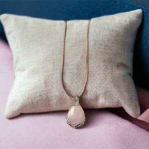 Rose Quartz Pear Shaped Cabochon Pendant in Silver Setting, Leather cord