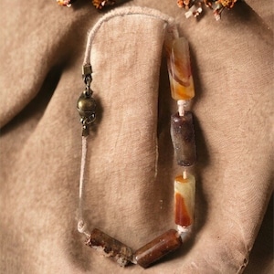 Honey Brown Tube Agate Beaded Bracelet on Natural Leather with Brass Magnetic Closure. 7.5” #1409