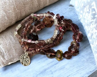 Boysenberry Purple Glass Beaded Stretch Bracelet Trio, Mixed Shape Beads, Star, Leaf, Tree of Life Charm, Average size #1396