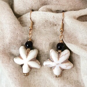 Carved Stone Starfish in Gold tone, French Hooks #1152