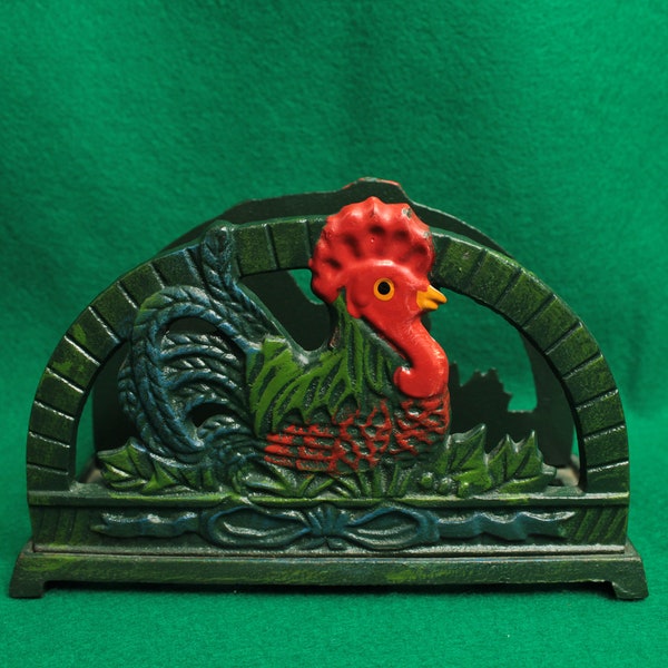 Vintage 2002 Cast Iron Rooster Napkin Holder rustic farmhouse
