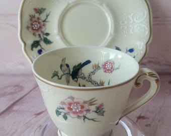 Vintage 1950s Fabrique Royale Limoges Demitasse Cup & Saucer, d’Artois Bird Floral Porcelain, Raised Enamel, France
