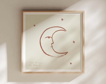 Clair De Lune-afdruk: retro maan, handgetekende gicléekunst