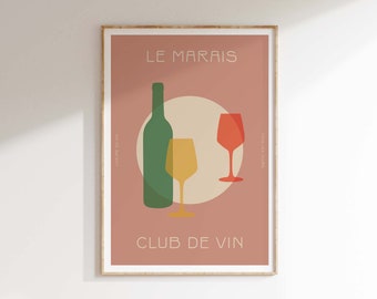 Club de Vin wijnkunstafdruk | Retro keukengalerij wanddecoratie