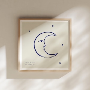 Moon Print: Clair De Lune | Retro Wall Art | Hand Drawn | French Poster | Giclée Art Print | Lunar Illustration