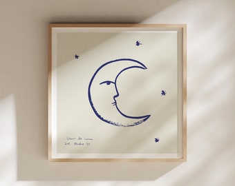 Gicléekunstdruk Clair De Lune: handgetekende maan, retro Franse poster