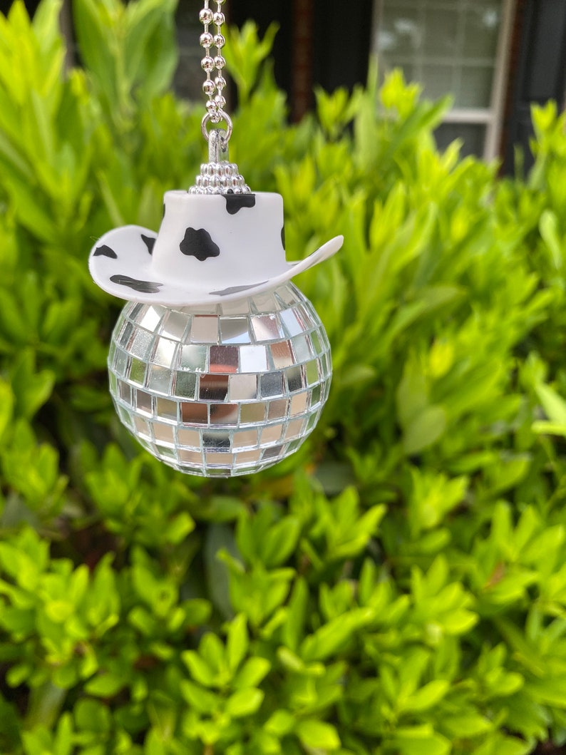 Mini Cowboy Hat Disco Ball Cow Print Rearview Mirror Car Etsy Finland