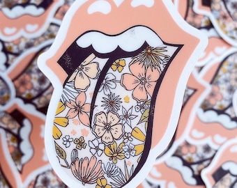 Rolling Stones Floral Sticker - Clear Border Rolling Stones Sticker - Retro Floral Sticker