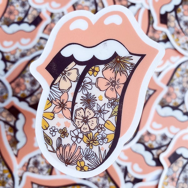 Rolling Stones Floral Sticker - Clear Border Rolling Stones Sticker - Retro Floral Sticker