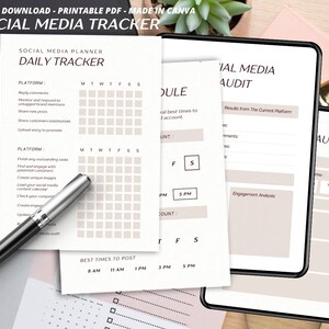 May include: A printable social media tracker planner with a daily tracker, best times to post, and a social media audit section. The planner is designed to help users manage their social media presence.