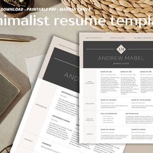 Może przedstawiać: Minimalistyczny szablon CV w kolorze czarnym, białym i złotym. Szablon zawiera sekcje na imię i nazwisko, stanowisko, dane kontaktowe, doświadczenie zawodowe, wykształcenie, umiejętności i nagrody. Szablon został zaprojektowany tak, aby można go było łatwo dostosować i wydrukować.