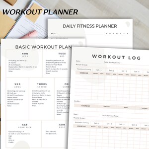 May include: A printable workout planner with a basic workout plan, a daily fitness planner, and a workout log. The basic workout plan includes a schedule for each day of the week, with exercises for legs, abs, arms, cardio, and a combination of exercises. The daily fitness planner has a space for the date and a section for each day of the week. The workout log has sections for recording the date, muscle group, exercise, total workout time, sets, weight, reps, and distance.