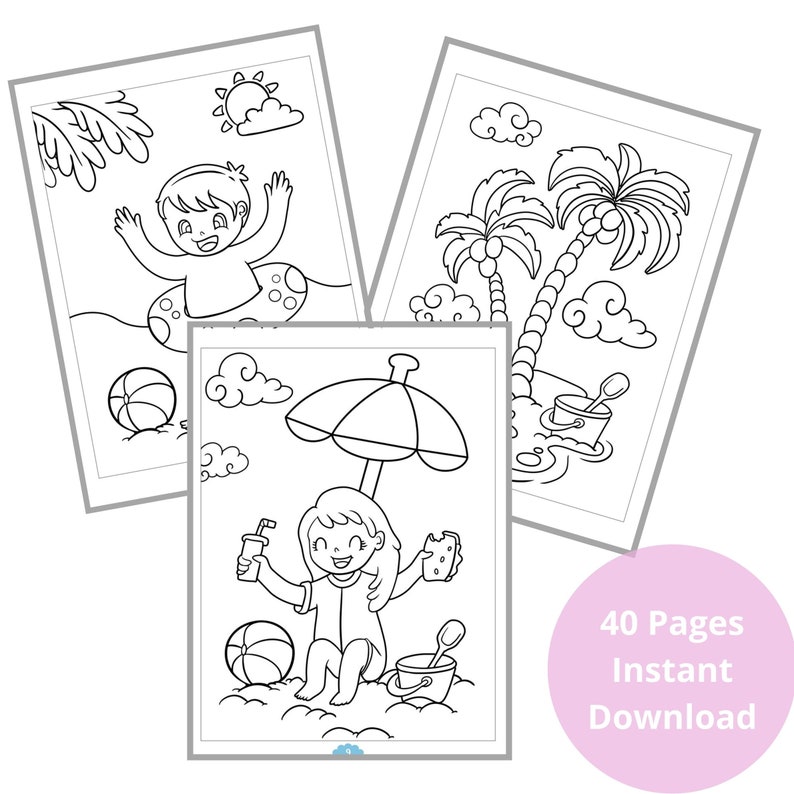 Summer Coloring Book, Beach Coloring Pages for Kids, 40 Printable Pages - Instant Download image 4