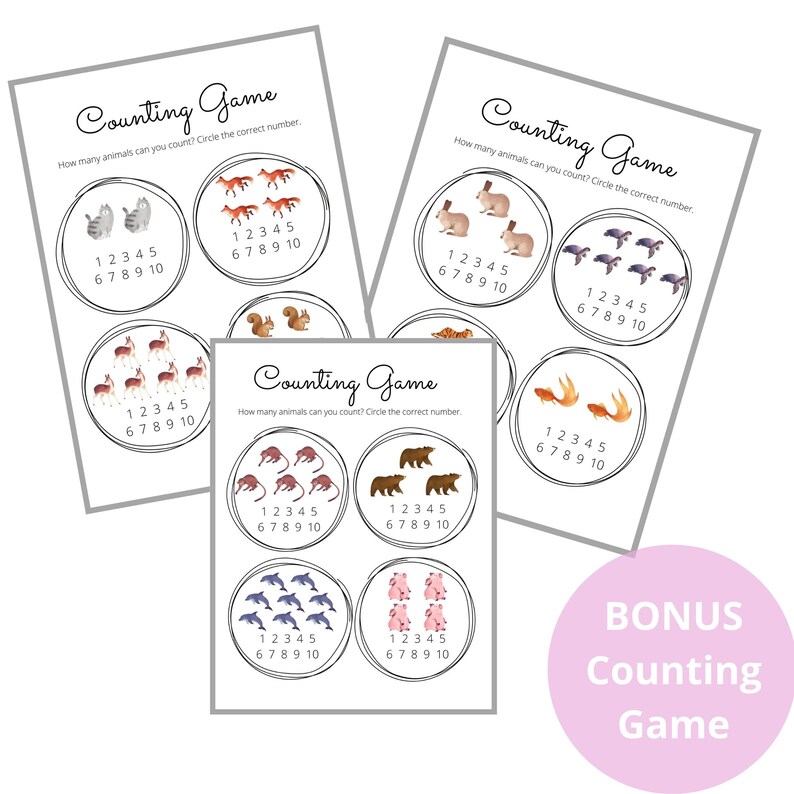 Pode incluir: Um jogo de contagem imprim&iacute;vel para crian&ccedil;as com ilustra&ccedil;&otilde;es coloridas de animais. O jogo inclui seis cartas diferentes com v&aacute;rios animais, como raposas, esquilos, veados, ursos, golfinhos e porcos. Cada carta tem um c&iacute;rculo com os n&uacute;meros de 1 a 10, e o jogador deve contar os animais e circular o n&uacute;mero correto.