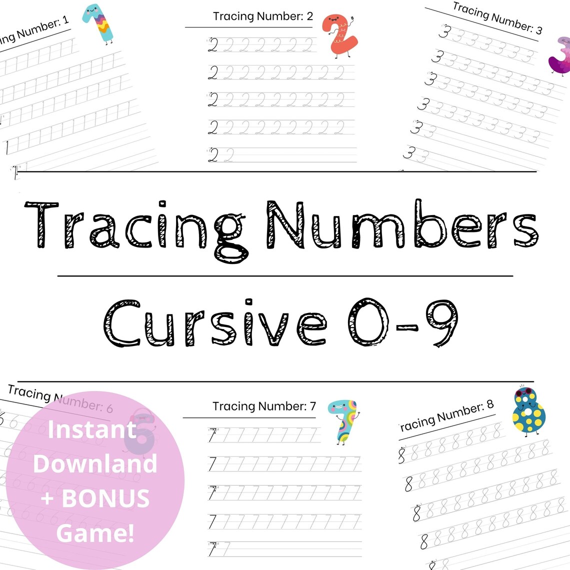 Tracing Numbers Cursive, Printable Worksheet Number Tracing Educational