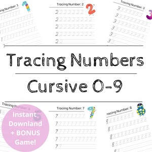 Tracing Numbers Cursive, Printable Worksheet Number Tracing Educational Sheets Printable Worksheet For Kids Number Writing + BONUS FREE GAME