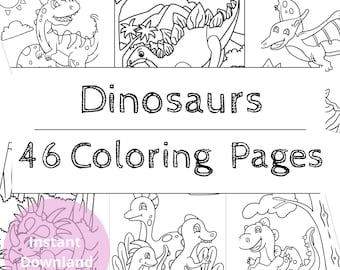 Dinosaur Coloring Pages, Dinosaurs Printable Coloring Book for Kids - 46 Pages - Instant Download - Educational Printable Resoursces