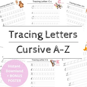 Könnte beinhalten: Übungsblätter für Schreibschrift A-Z mit Illustrationen eines Bären, einer Kuh, eines Koalas und einem Bonusposter. Das Arbeitsblatt enthält Übungslinien für die Buchstaben B, C, H, K und L.